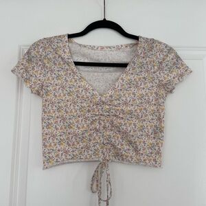 SHEIN Floral Ruched Crop Top in Cream and Yellow